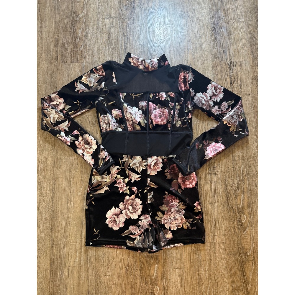 A Wish Come True Floral Velvet Romper Mock Neck Mesh Corset Black Pink Large